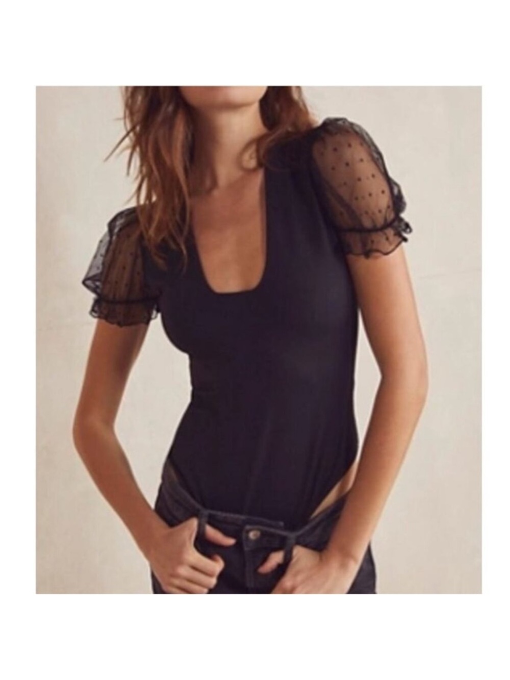 Free People NWTs!  Black Puff-Sleeve Sheer Dot Bodysuit in Medium